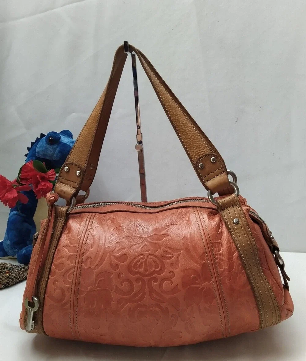 Fossil Orange Leather Floral Double Handles Zipper Closure Satchel Shoulder Bag